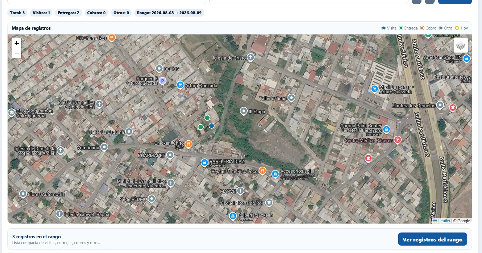 Mapa de visitas entregas y registros Guardián Móvil